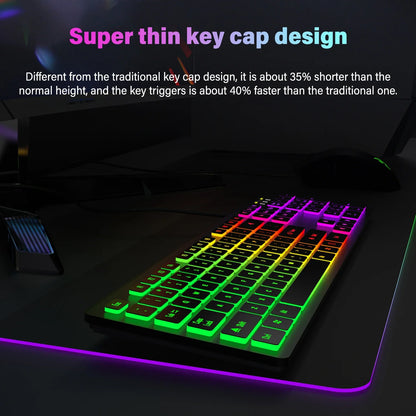 Computer-Gaming-Tastatur mit RGB-Hintergrundbeleuchtung, leise kabelgebundene USB-Tastatur für Büro und Zuhause – Russisch, Französisch, Spanisch, Deutsch, Arabisch, Englisch