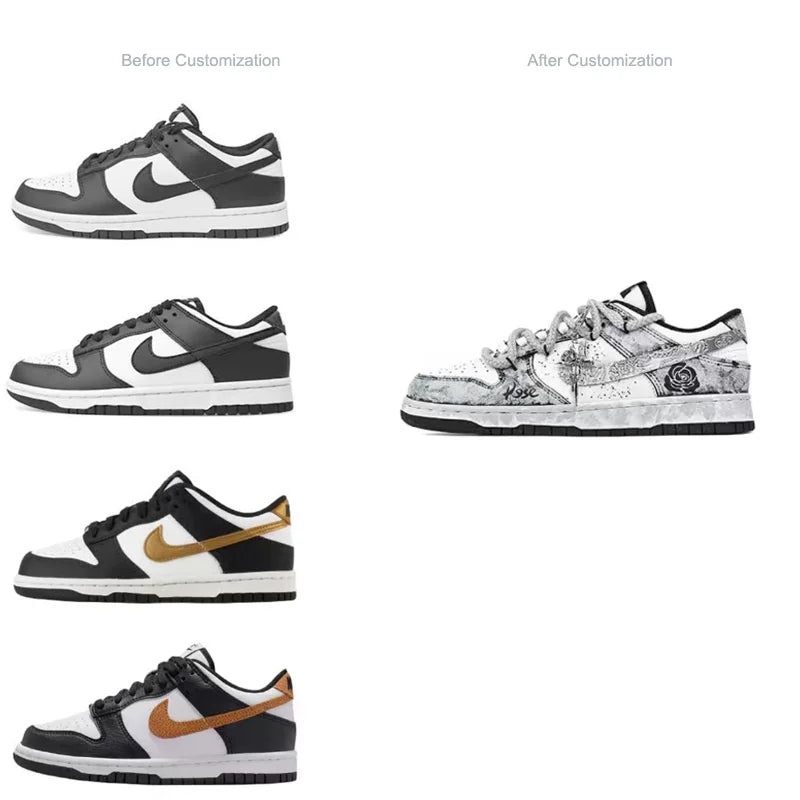 Individuell gestaltete Sneaker Nike Dunk „Silver Bloom Rose“ mit Ink-Wash- und Splatter-Effekt – strapazierfähige Low-Top-Skateschuhe für Damen und Herren