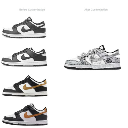 Individuell gestaltete Sneaker Nike Dunk „Silver Bloom Rose“ mit Ink-Wash- und Splatter-Effekt – strapazierfähige Low-Top-Skateschuhe für Damen und Herren