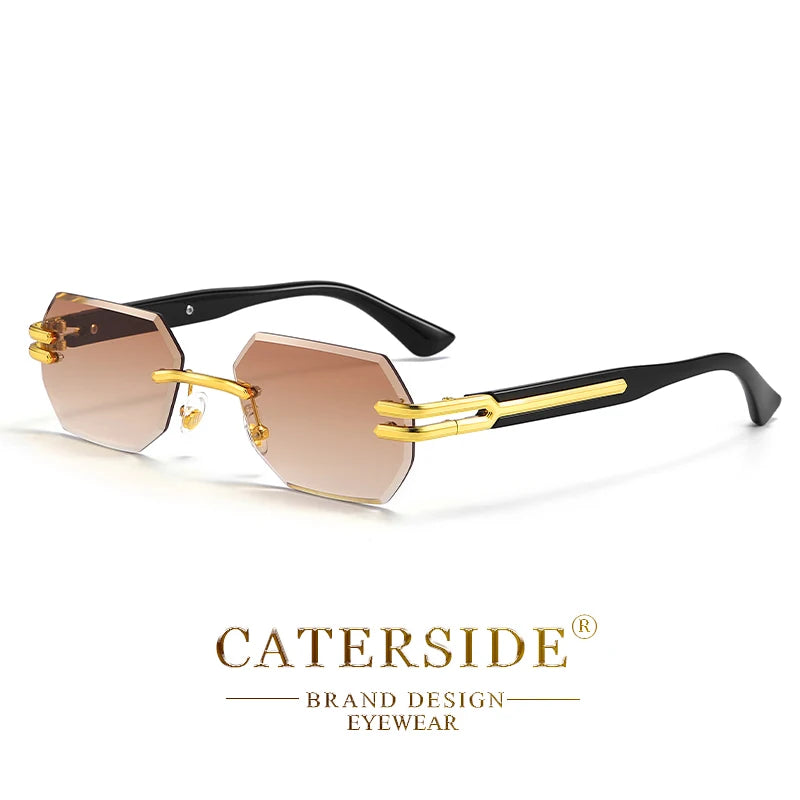 CATERSIDE Retro Rimless Sunglasses Men Polygonal Metal Frame High Quality Women Sun Glasses Outdoor Travel Gift Summer Style