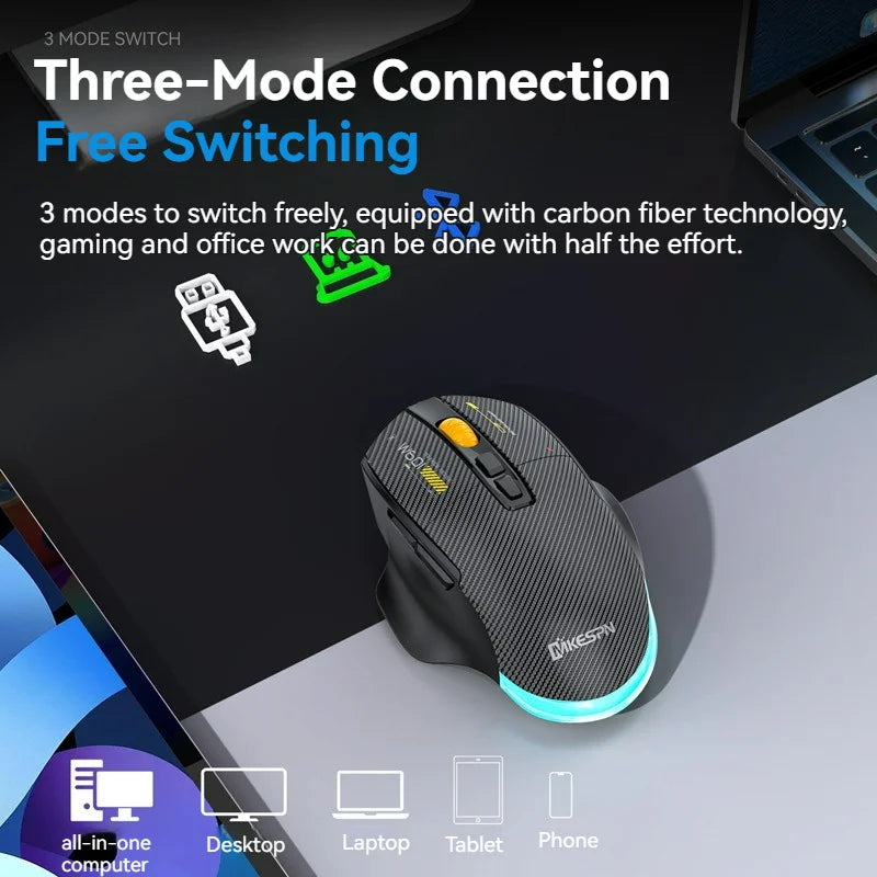 Ποντίκι gaming από ανθρακονήματα 12800DPI, 2.4G ασύρματο, Bluetooth και ενσύρματο, τριπλής λειτουργίας, αθόρυβο κουμπί, προγραμματισμός macro, 500mAh, 7 πλήκτρα