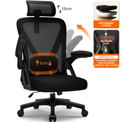 Ergonomic Office Chair with Adjustable Lumbar Support, Reclining Computer Desk Chair 90°-135°, Adjustable Headrest & Flip-Up Armrests