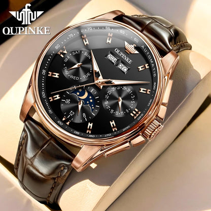 OUPINKE 3189 Classic Men's Watch Leather Strap Waterproof Moon phase Top Brand Automatic Mechanical Men's Wristwatch