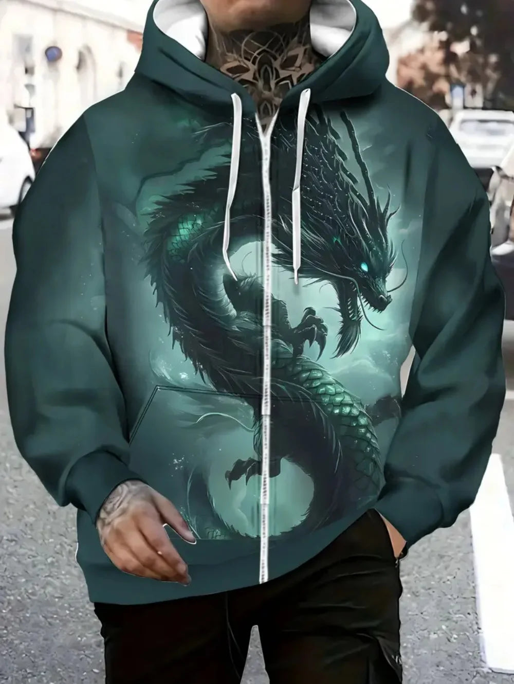 Herren-Kapuzenhoodie mit Drachenprint und Reißverschluss, für Outdoor-Aktivitäten und Reisen, mit Kordelzug, langärmelig, Herbst/Winter, Oversize-Sweatshirt für Männer