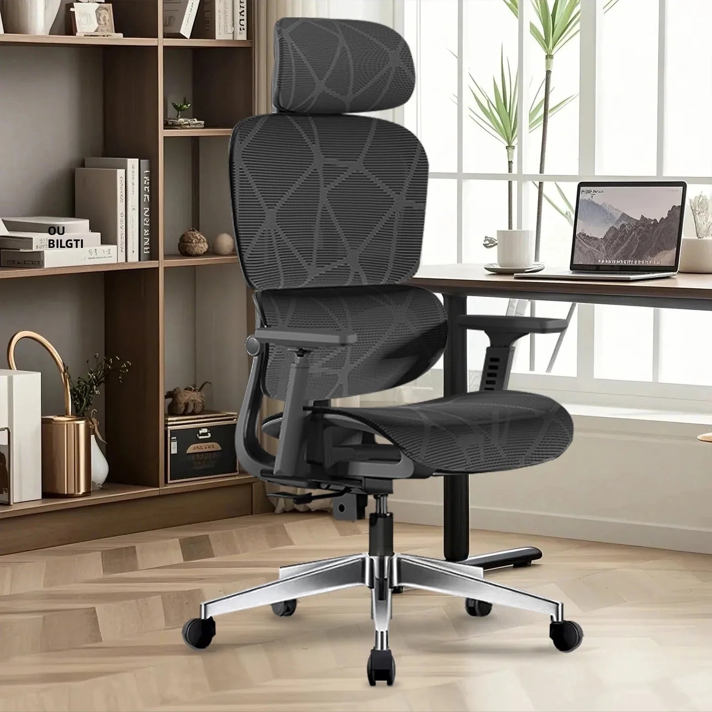 Ergonomic Office Chair Lumbar Support & Neck Pillow Soft Padded Armrests Breathable Mesh Multi-Position Height Adjustment Comfor