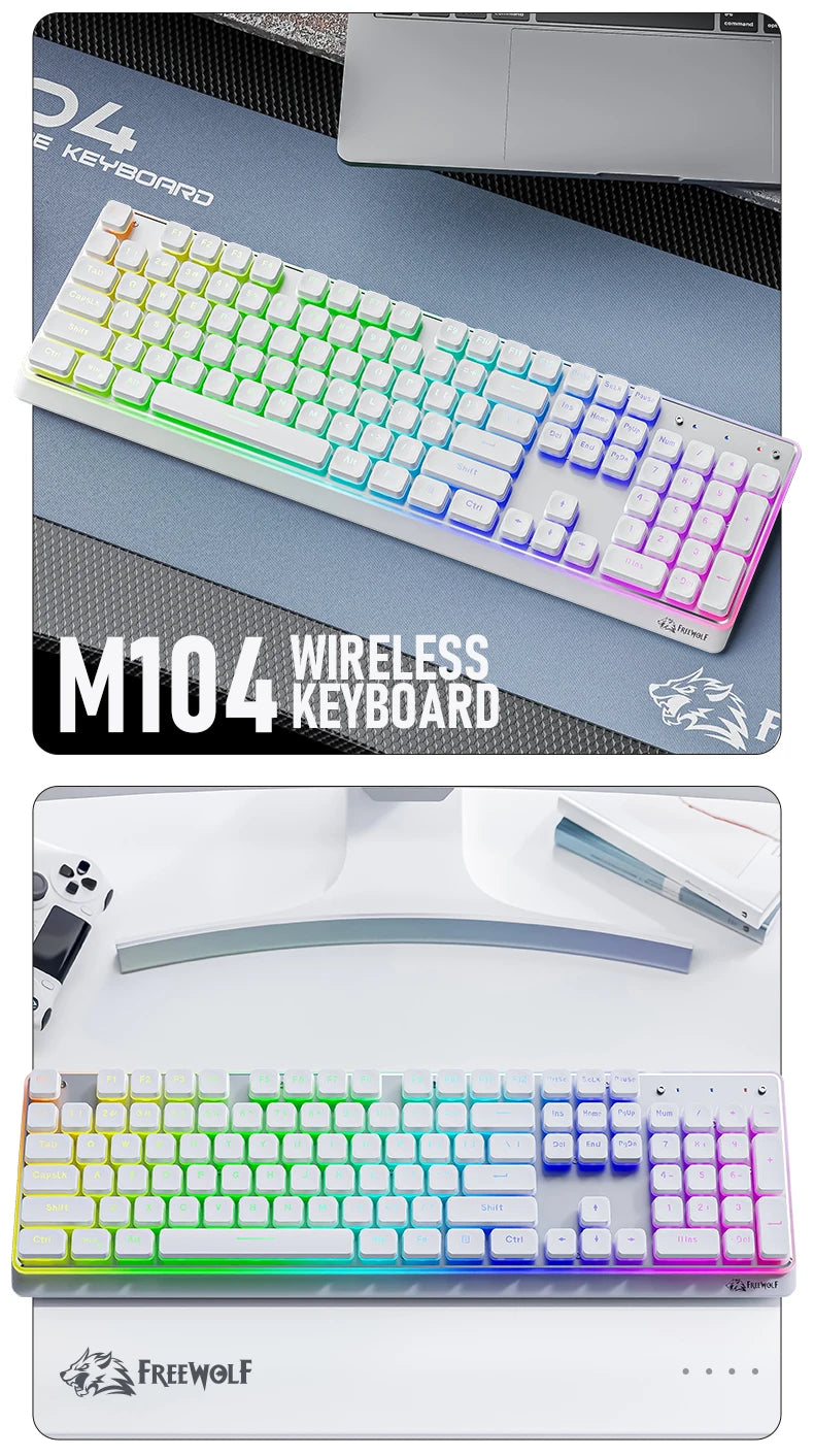 Freewolf M104 Tri-Mode Wireless Keyboard RGB 104 Keys Ultra Slim Quiet Membrane 4000mAh Large Battery for Office&Home