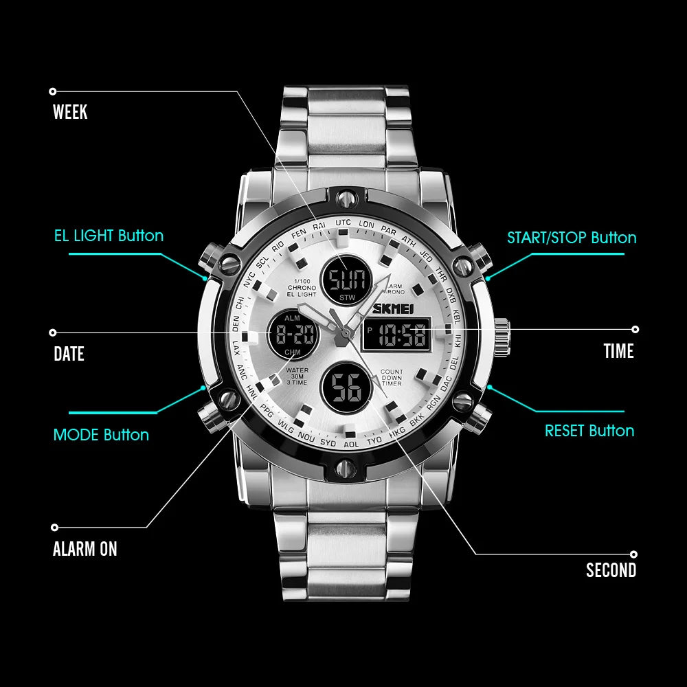 SKMEI 1389 Bracelet Wristwatch Clock Digital Quartz Watch Men Three Time Waterproof Quartz Wrist Mens Watch Relogio Masculino
