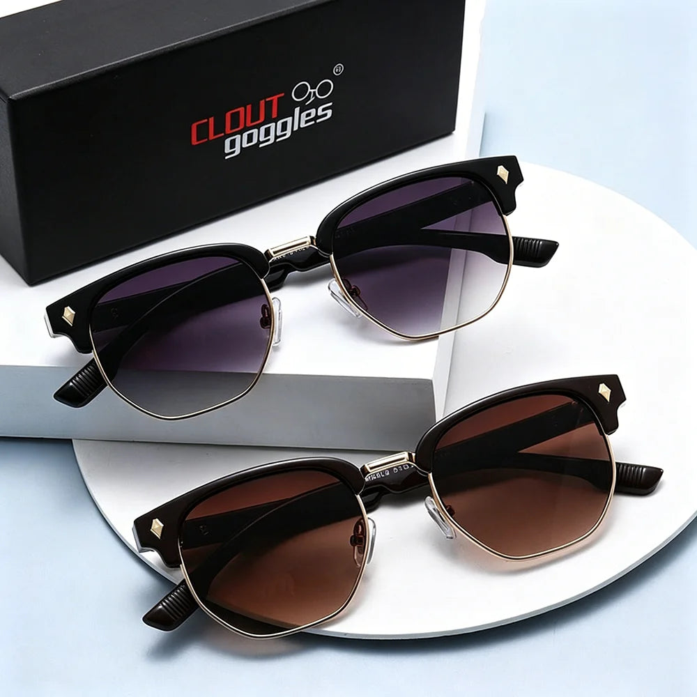 CLOUT GOGGLES Business Sunglasses Male Female Metal Polygon Rivet Half Frame Outdoor Driving Ultraviolet Protection Sun Glasses