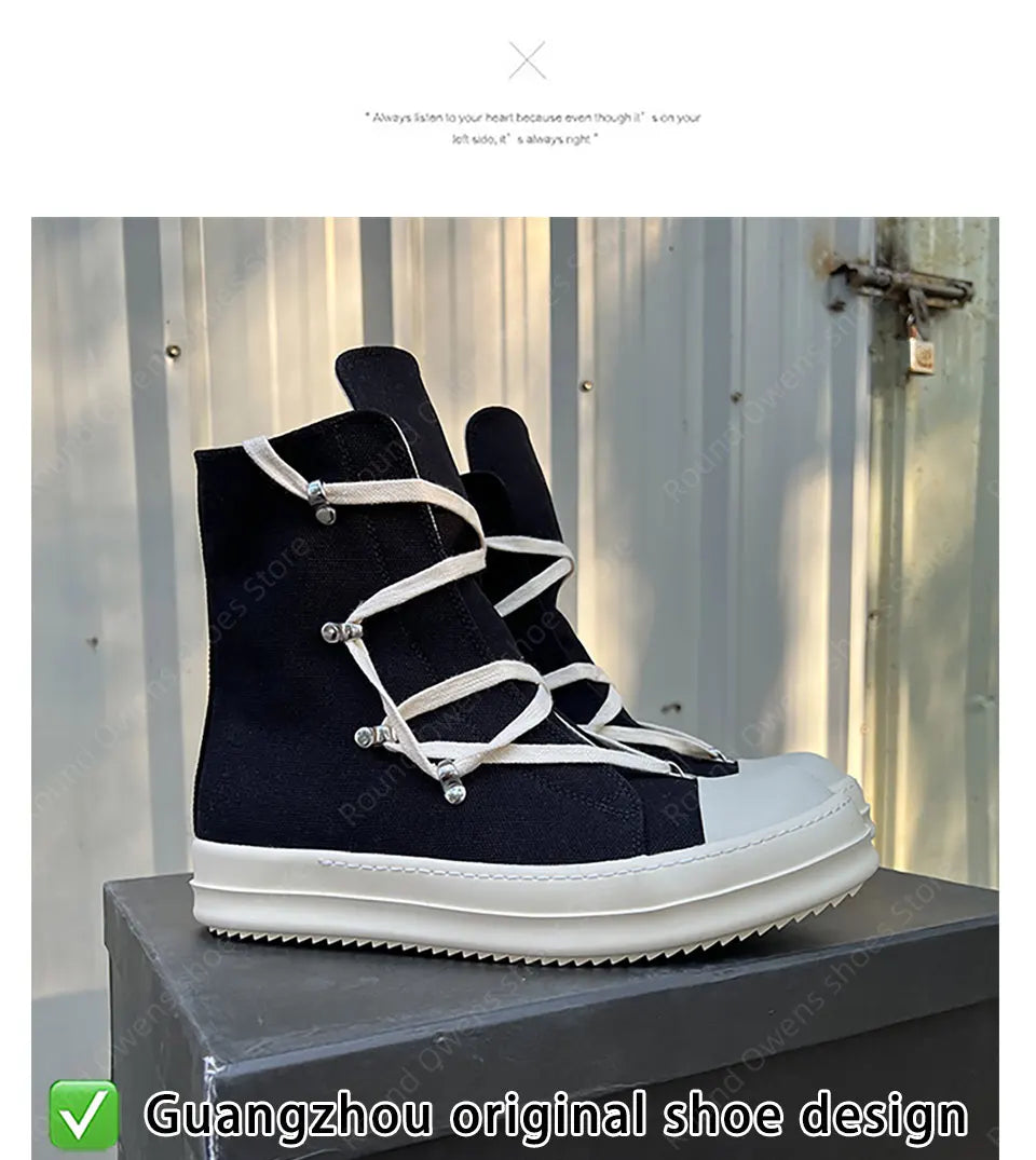 Casual High Top Quality Black Designer Men Leather Shoe Ro Pentagram Thick-sole Zip Flat Canvas Luxury Women Ankle boot Sneakers