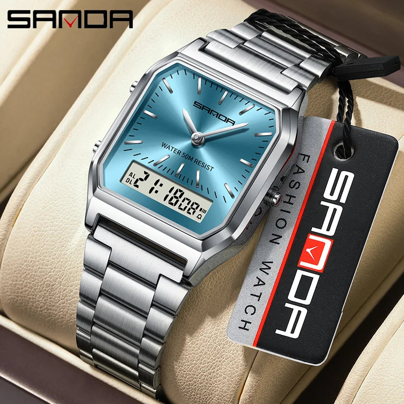 SANDA 747 Men’s & Women’s Luxury Digital Sports Watch  Stainless Steel, LED Dual Display & Waterproof