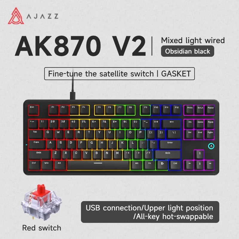 Ajazz AK870 V2 Gaming Mechanical Keyboard Is A Hot-Swaddable RGB Wired Gaming Keyboard Suitable For Various Scenarios On Laptops