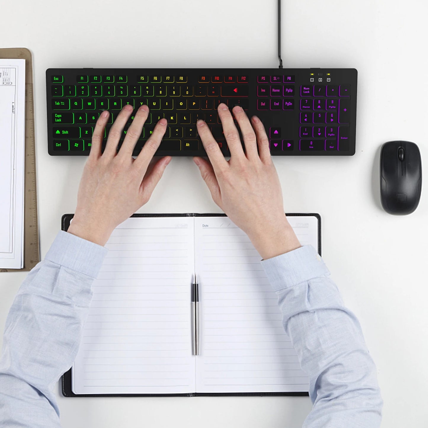 Computer-Gaming-Tastatur mit RGB-Hintergrundbeleuchtung, leise kabelgebundene USB-Tastatur für Büro und Zuhause – Russisch, Französisch, Spanisch, Deutsch, Arabisch, Englisch