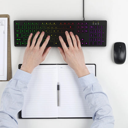 Computer-Gaming-Tastatur mit RGB-Hintergrundbeleuchtung, leise kabelgebundene USB-Tastatur für Büro und Zuhause – Russisch, Französisch, Spanisch, Deutsch, Arabisch, Englisch
