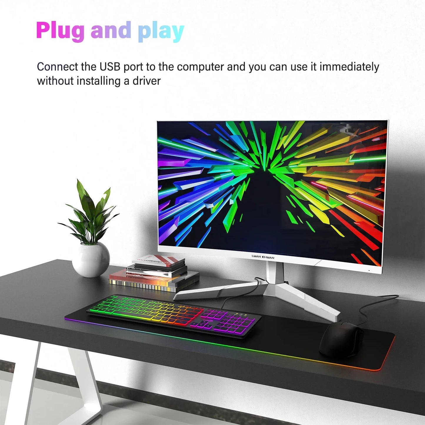 Computer-Gaming-Tastatur mit RGB-Hintergrundbeleuchtung, leise kabelgebundene USB-Tastatur für Büro und Zuhause – Russisch, Französisch, Spanisch, Deutsch, Arabisch, Englisch
