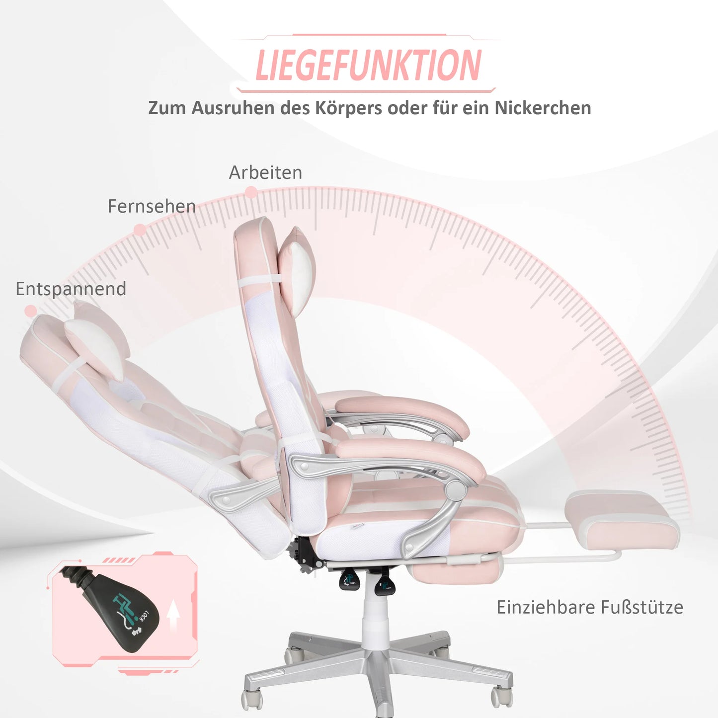 Pink Gaming Chair with Footrest, Adjustable High Back Gaming Chair with Headrest & Lumbar Pillow, 360° Swivel Ergonomic Faux Leather Gaming Chair for Office & Gaming