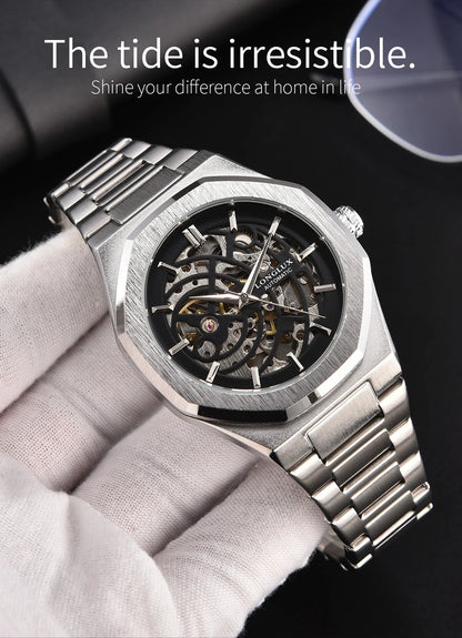 LONGLUX automatic watch business mechanical watches simple skeleton waterproof stainless steel cost effective mens watch gift