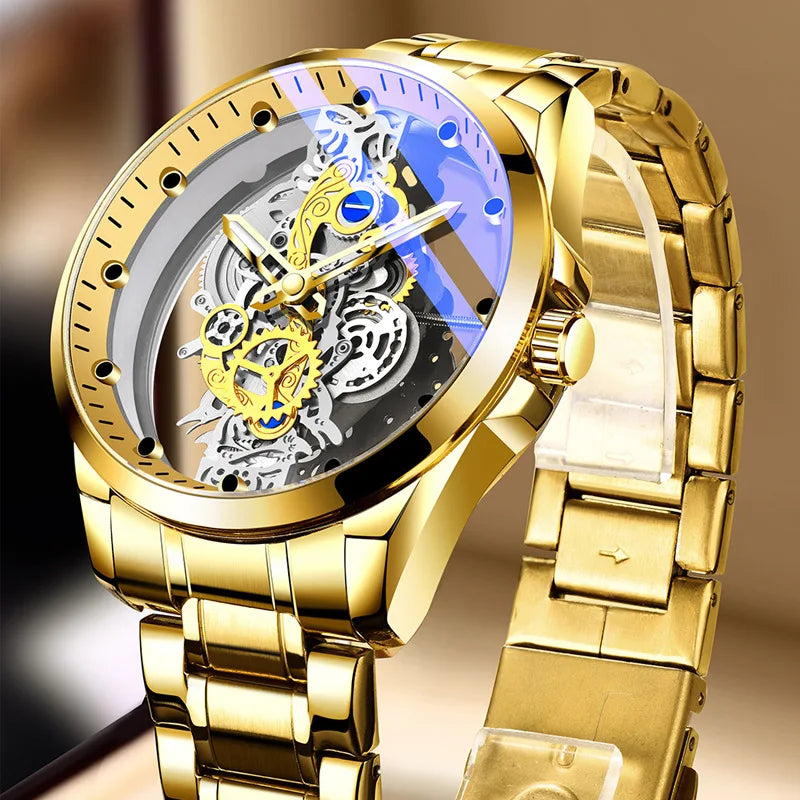 Montre tendance pour homme, modèle à double ouverture, style luxe doré, imitation tourbillon mécanique, mouvement à quartz.