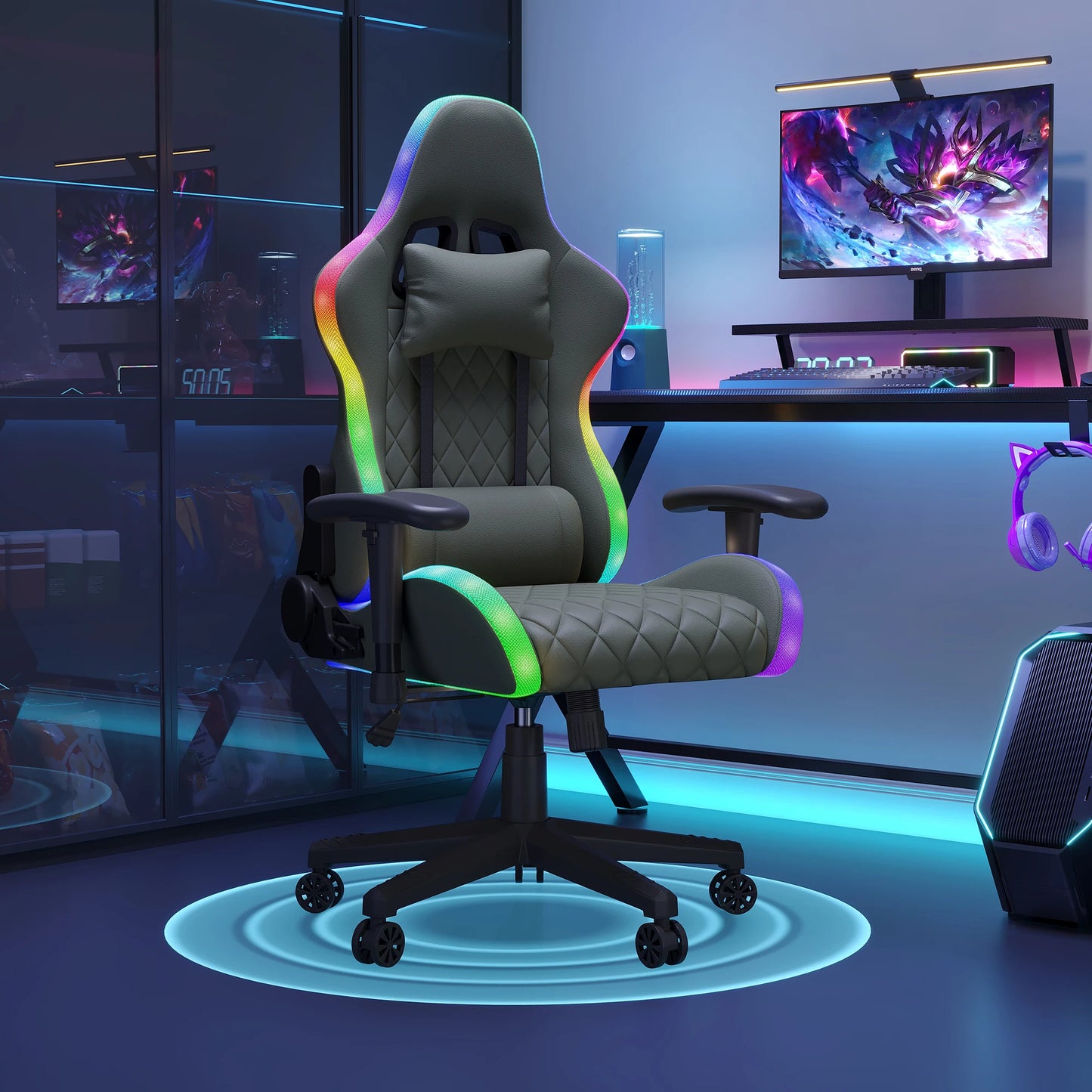 LED Gaming Chair - Ergonomic Office Chair with Massage Function, Adjustable Backrest (90-135°), for Gamers up to 150 kg, Black