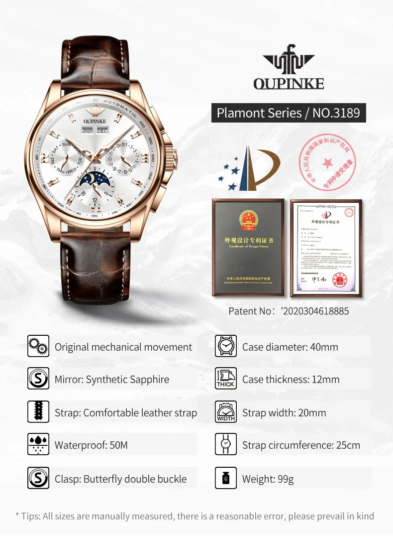 OUPINKE 3189 Classic Men's Watch Leather Strap Waterproof Moon phase Top Brand Automatic Mechanical Men's Wristwatch