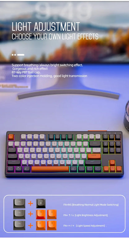 M87 Wireless Bluetooth Dual Mode Keyboard, Mechanical Feeling Gaming Gaming Office Mute PBT Ball Cap Rainbow Light