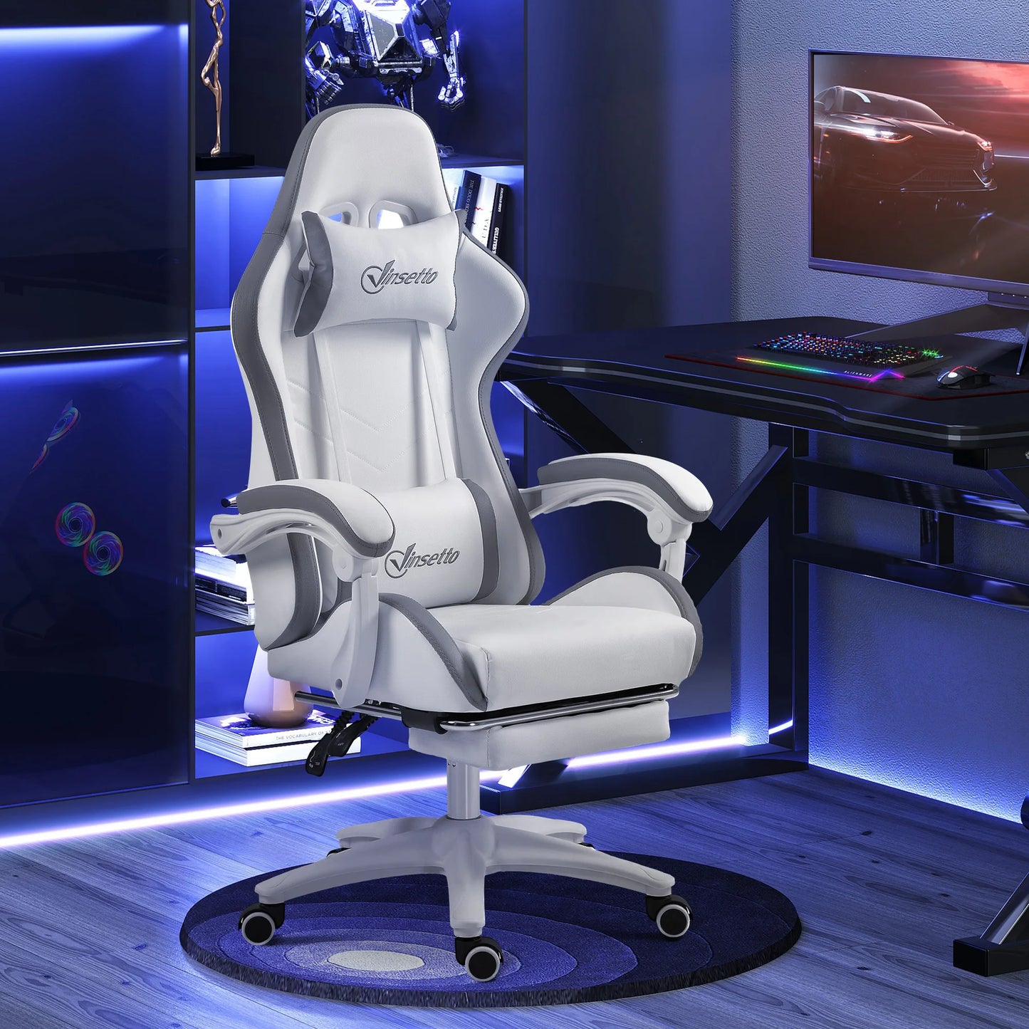 Gaming chair ergonomic gaming chair with 135° reclining backrest and lumbar support, 65x65x121-129 cm white