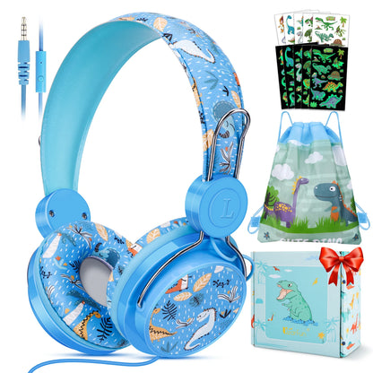 Casque audio pour enfants Dinosaures avec micro pour l'école/les voyages, son stéréo, circum-auriculaire, pliable, filaire 3,5 mm, cadeau pour enfants