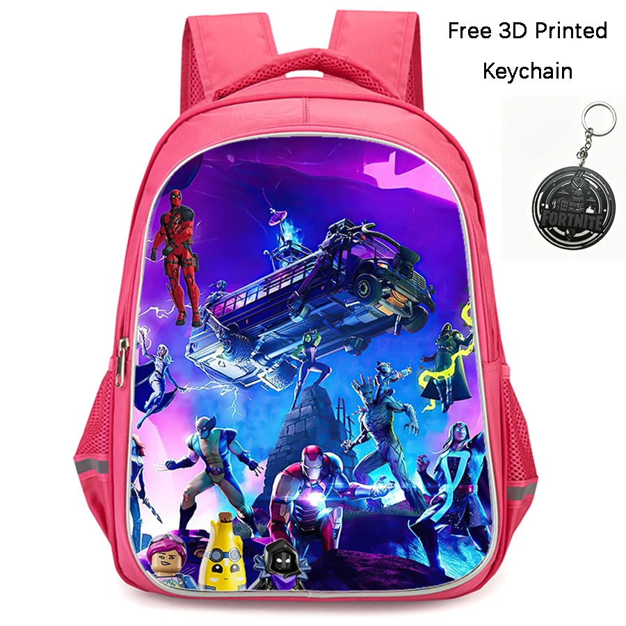 FORTNITE 16-inch Durable Lightweight Backpack, Dual Zipper Pockets, Cartoon Style for Boys & Girls Ages 6-10, Free 3D Printed Keychain