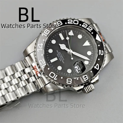 BLIGER 40mm NH34 GMT Watch For Men With Black Gray Ceramic Bezel Sapphire Glass Green Gmt Hands Green GMT Text Jubilee Bracelet