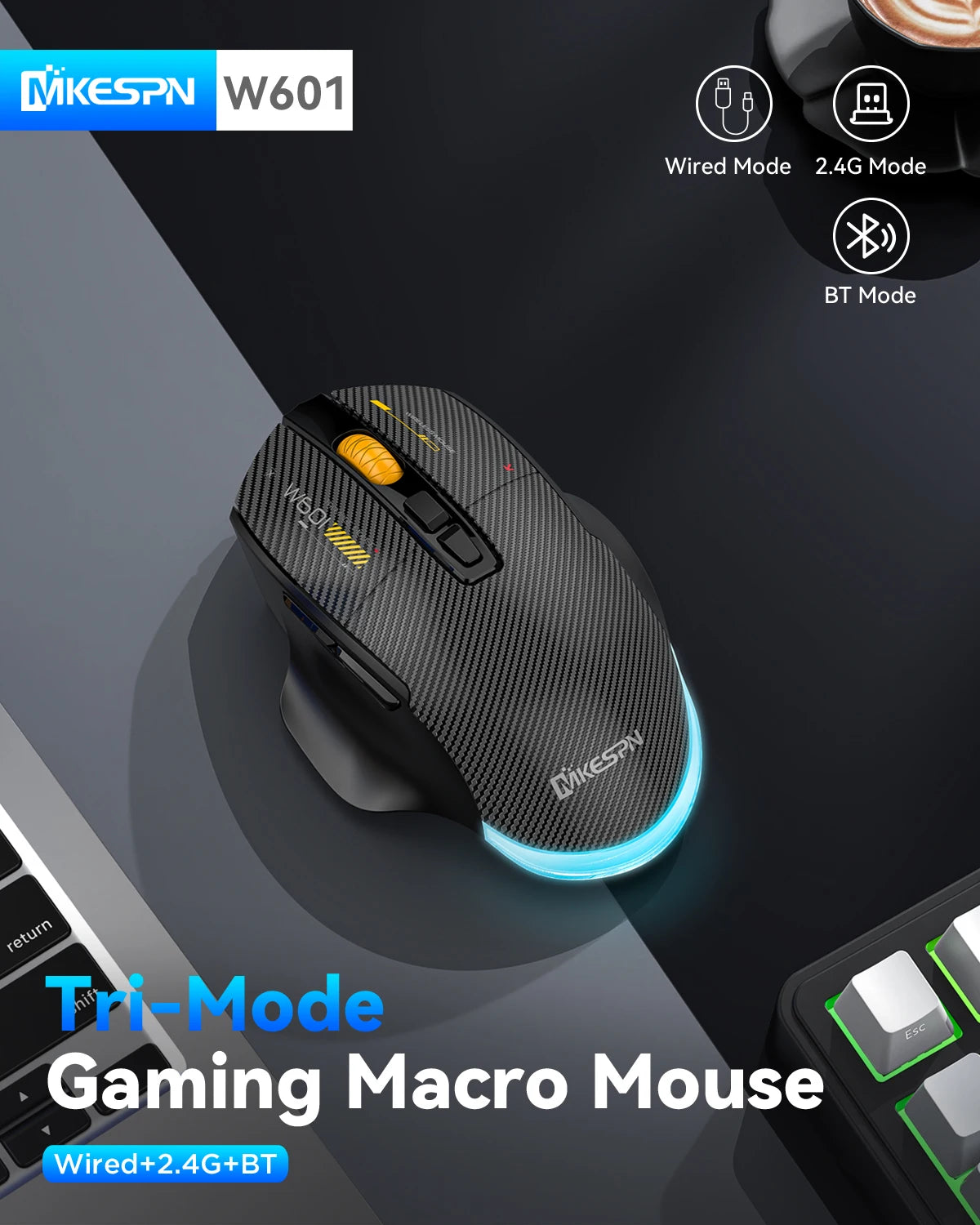 Ποντίκι gaming από ανθρακονήματα 12800DPI, 2.4G ασύρματο, Bluetooth και ενσύρματο, τριπλής λειτουργίας, αθόρυβο κουμπί, προγραμματισμός macro, 500mAh, 7 πλήκτρα