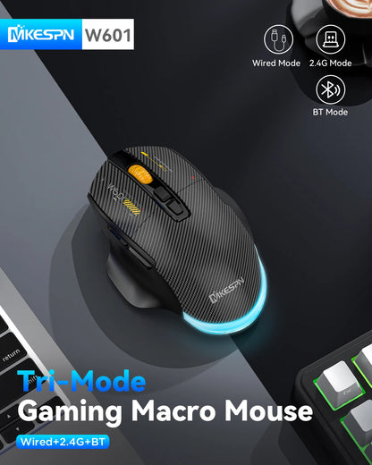 Ποντίκι gaming από ανθρακονήματα 12800DPI, 2.4G ασύρματο, Bluetooth και ενσύρματο, τριπλής λειτουργίας, αθόρυβο κουμπί, προγραμματισμός macro, 500mAh, 7 πλήκτρα
