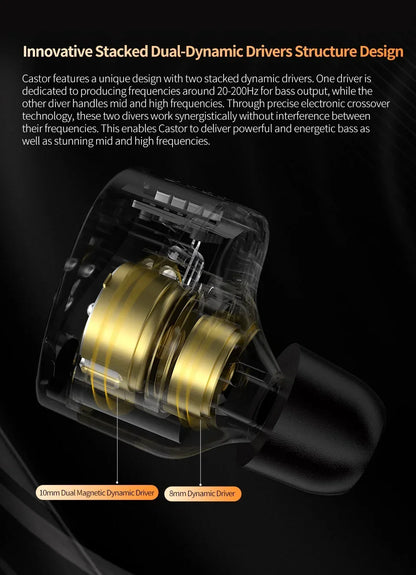KZ Castor Wired Earbuds HiFi Bass Earphones with Dual Dynamic Drivers, Tunable Balanced Armature In-Ear Headphones, High Resolution Audio Earbuds