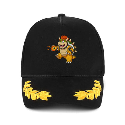 Bowser Embroidered Baseball Cap Black with Yellow Laurel Wreath Design Classic Adjustable Hat for Fans of Super Mario Series