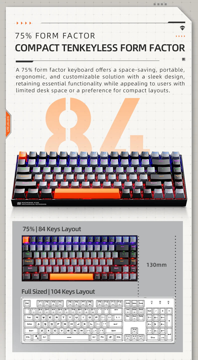 Machenike K500A-B84 Mechanical Keyboard 75% TKL Hot-Swappable Tri-Mode Wireless Gaming Keyboard RGB 84 Keys For PC Gamers Laptop