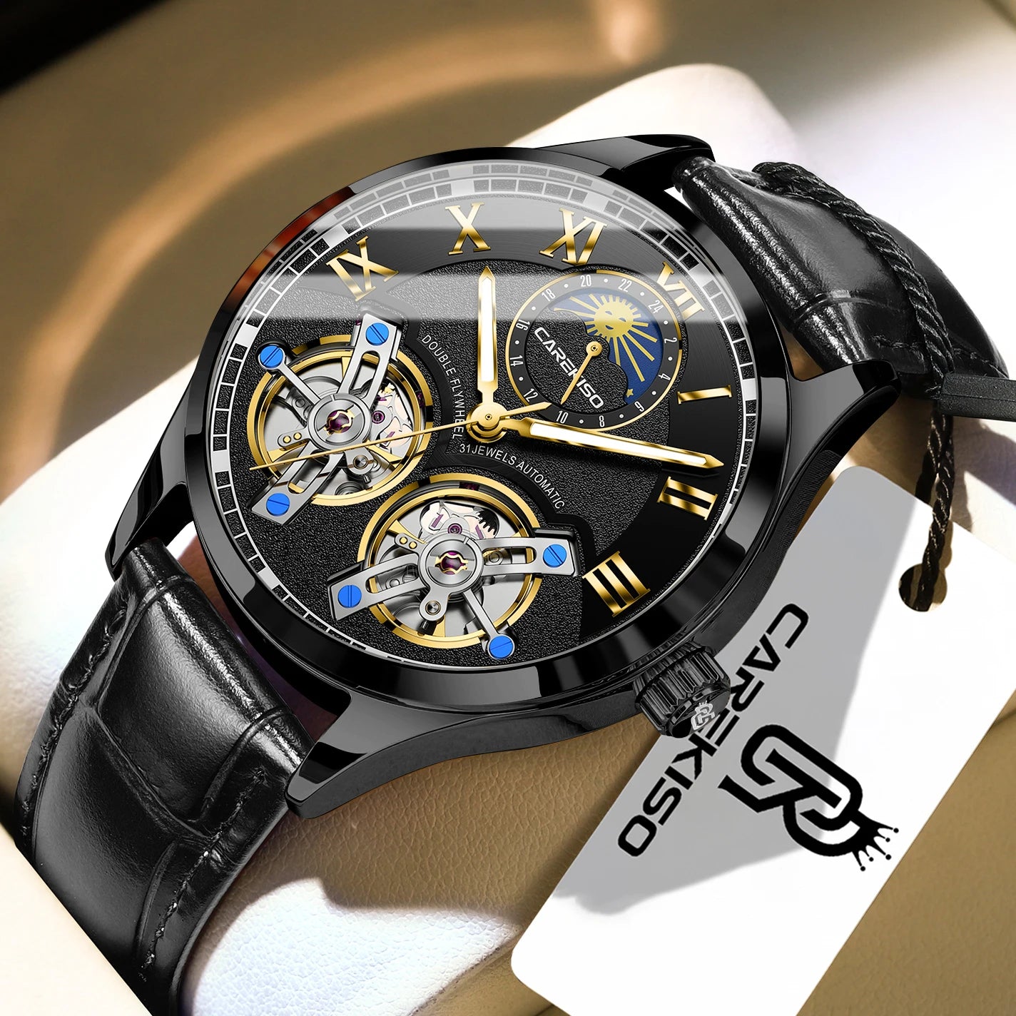 CAREKISO Fashion Men's Clock Double Hollow Tourbillon Automatic Mechanical Man Watch Waterproof Luminous Leather Men's Watches+Box