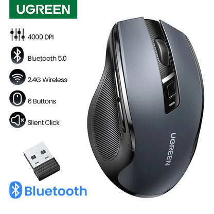 UGREEN Wireless Mouse Bluetooth 5.0 Mouse Ergonomic 4000DPI 6 Mute Buttons Mouse For MacBook Tablet Laptops Computer PC 2.4G Mice