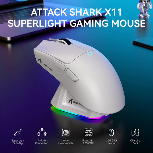 ATTACK SHARK X11 Lightweight Wireless Gaming Mouse with RGB Backlight Charging, Up to 22K DPI, PAW3311 Optical Sensor, HUYU Switch