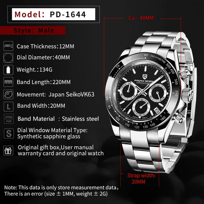 2025 PAGANI DESIGN  New PD1644 Meteorite Dial Fashion Men Quartz Wristwatches 100M Sapphire Glass Chronograph relogio masculin