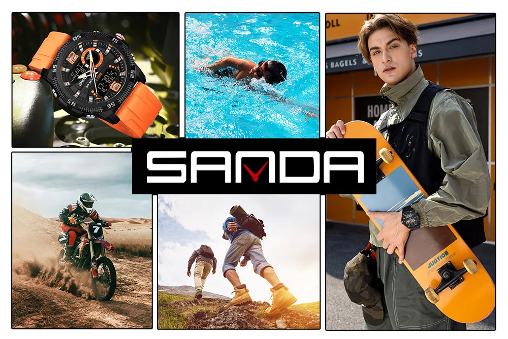 SANDA Fashion Luxury Men's Watches Dual Digital Display Sport Analog Quartz Man Wristwatch Casual Waterproof Silica Chronograph