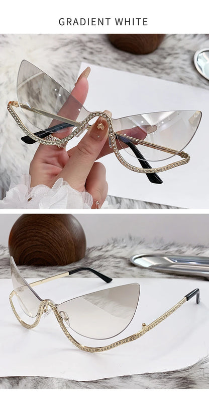 Sexy Cat Eye Rimless Sunglasses Women 2026 Luxury Brand Trendy Rhinestone Sun Glasses Punk Metal Frame Eyewear Outdoor Shades