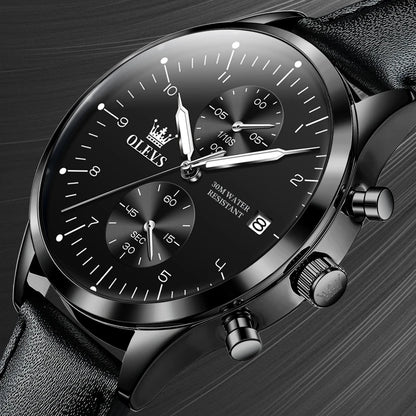 OLEVS 2880 Herrenuhr – Eleganter, schlichter Chronograph, Lederarmband, automatische Datumsanzeige, wasserdicht, leuchtende Zeiger, Quarzwerk.