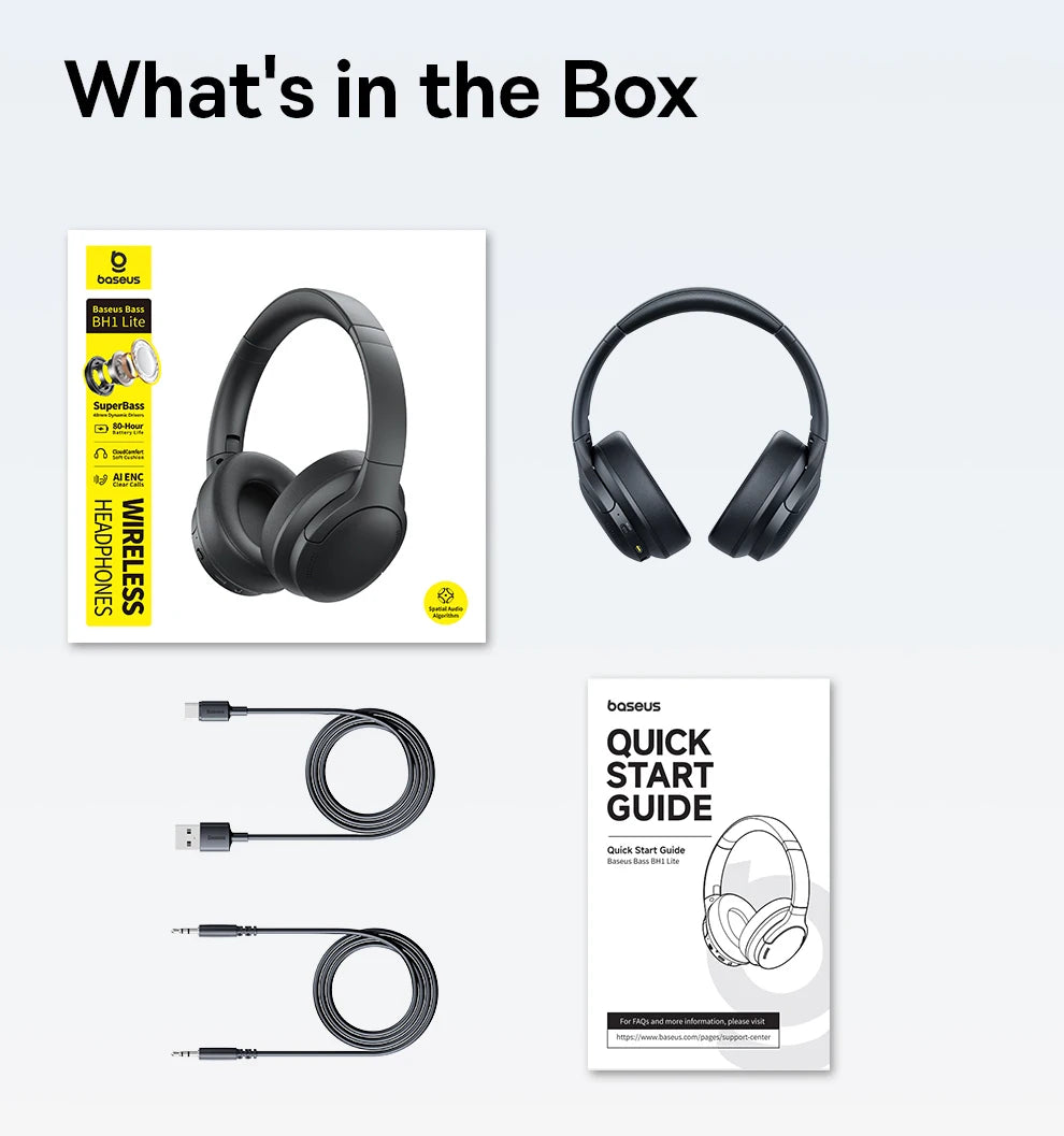 Baseus BH1 Lite Bluetooth 6.0 Wireless Headphones with Super Bass, ENC Clear Calls, 80H Playtime, Over Ear Headset for Gaming & Music