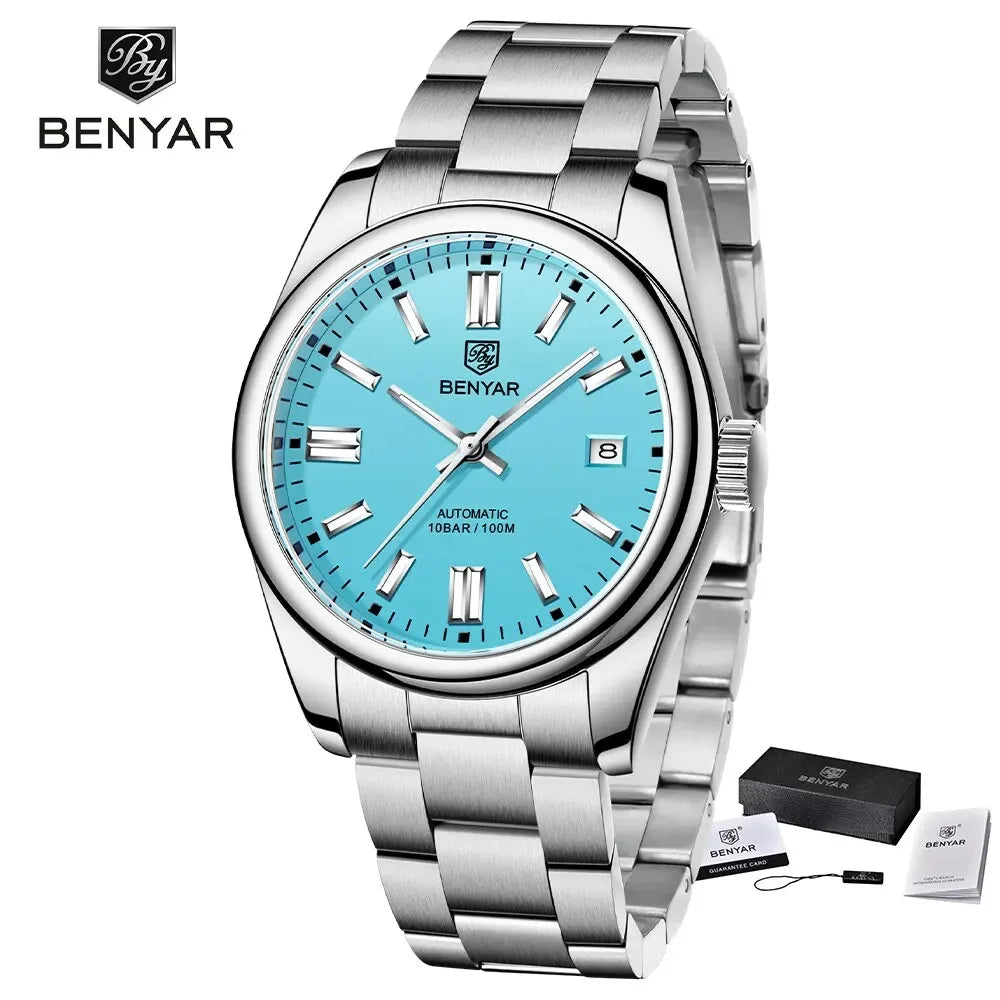BENYAR 39mm Automatic Mechanical Watch Seagull Movt Men Stainless Steel 100M Waterproof Clock BWG-9 Luminous Reloj Hombre