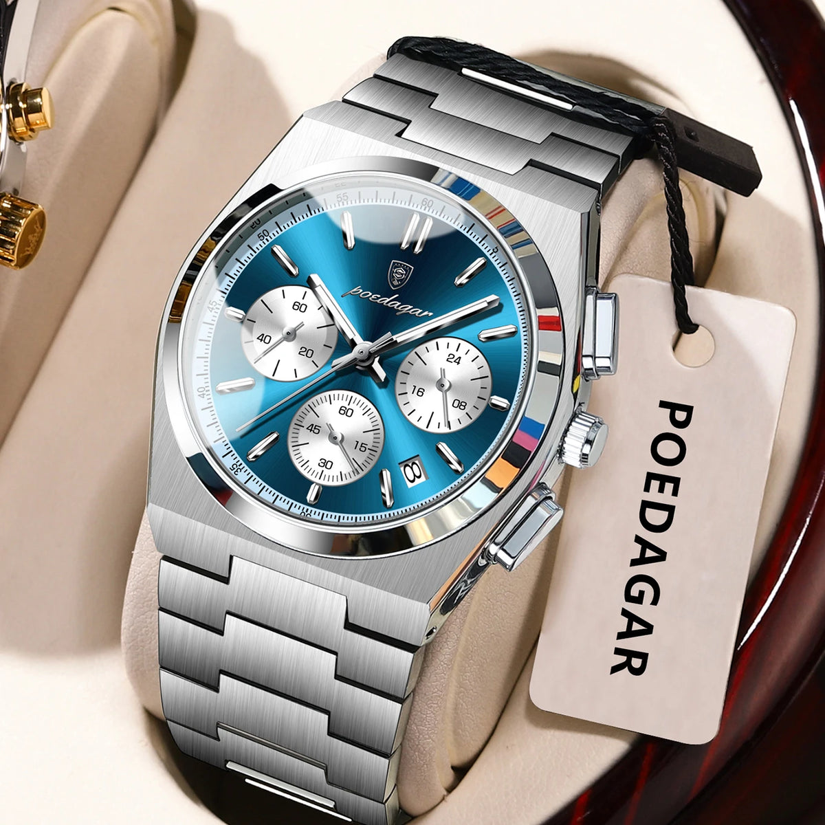POEDAGAR herenhorloge – Luxe chronograaf van roestvrij staal, met datum, waterdicht en lichtgevend – Sportief quartz-polshorloge