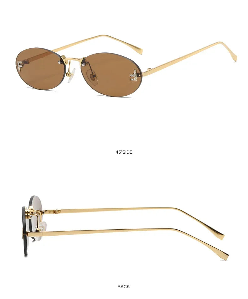 3set Women Fashion Brand Rimless Sunglasses Retro Small Oval Alloy Elegant Gradient Sun Glasses Outdoor Travel Shades Glasses