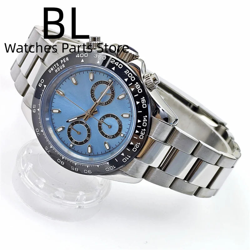 BLIGER 39mm VK63 Men's Quartz Chronograph Watch Ceramic Brown Insert Ice Blue Dial With C3 Luminous Sapphire Crystal Waterproof