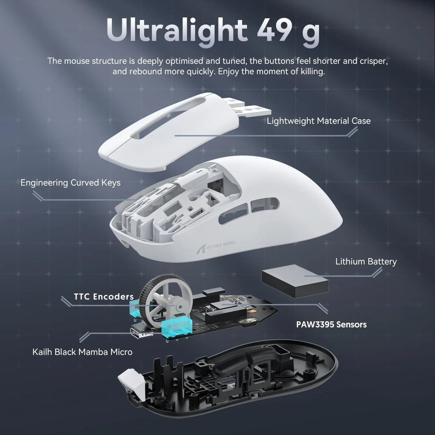 ATTACK SHARK X3 kabellose Gaming-Maus PixArt PAW3395 49g SUPERLIGHT, BT/2.4G kabellos/kabelgebunden, 6 einstellbare DPI-Stufen bis zu 26000