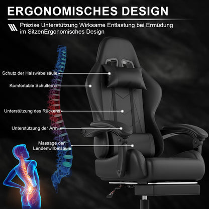 HOMALL Ergonomic Gaming Chair with Lumbar Massage, Adjustable Footrest, Faux Leather Office Chair, 135° Reclining Swivel Desk Chair