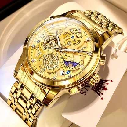 OLEVS Herrenuhr – Luxusmodell, wasserdicht, Quarzwerk, Skelett-Design, 24-Stunden-Anzeige (Tag/Nacht), goldfarben