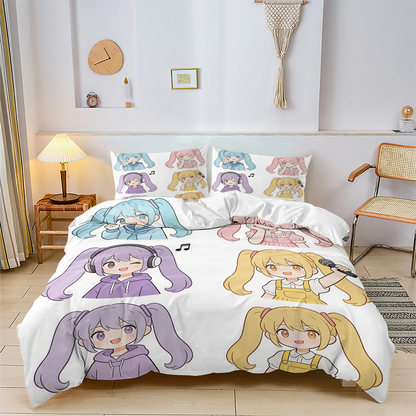 Komplet posteljnine Hatsune Miku v slogu chibi – simpatična anime posteljnina z vzglavniki za igralno sobo, dekoracija za otroško in najstniško spalnico, darilo za oboževalce