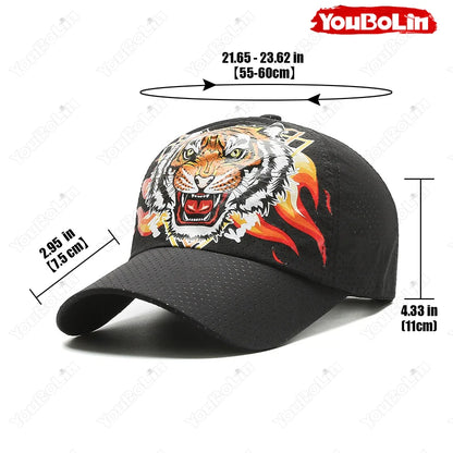 Outdoor Tiger Face Baseball Cap, Summer Quick-Dry Fabric, Mesh & Perforated Design, Ethnic Print Sun Protection Hat